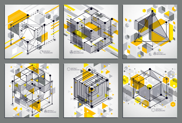 Technical blueprints set, vector yellow digital background with geometric design elements, cubes. Engineering technological wallpaper made with honeycombs. - Vector, afbeelding