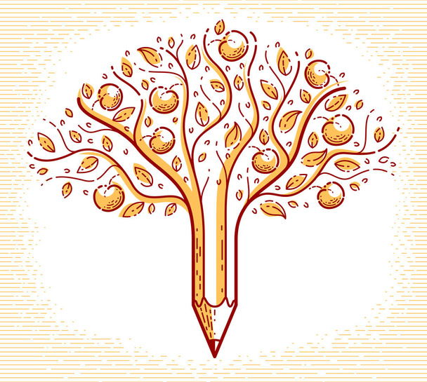 Beautiful fruit apple tree with pencil combined into a symbol, c - Vektor, Bild
