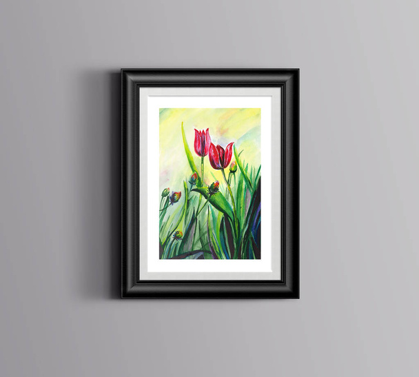 Beautiful red tulips Cyprus watercolor art - Zdjęcie, obraz