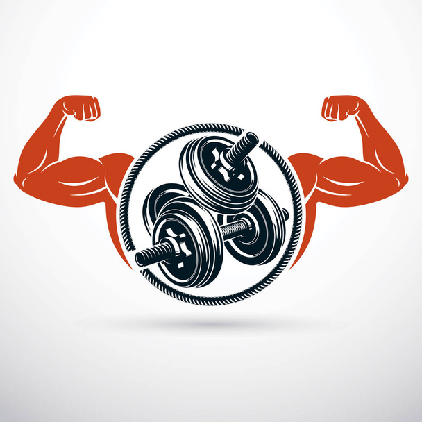Vector illustration of athletic sportsman arm holding dumbbell. Fitness workout. - Vector, Image