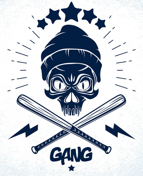 Logo de emblema de gángster o tatuaje con elementos de diseño de murciélagos de béisbol de cráneo agresivo, vector, estilo vintage gueto criminal, anarquía gangster o tema de la mafia. - Vector, Imagen