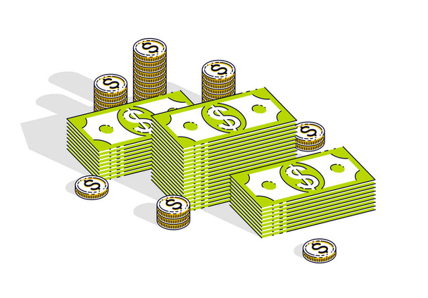 Dinero en efectivo dólar pilas y monedas centavos pilas aisladas sobre fondo blanco. Ilustración de negocios y finanzas isométricas vectoriales 3d, diseño de línea delgada
. - Vector, imagen