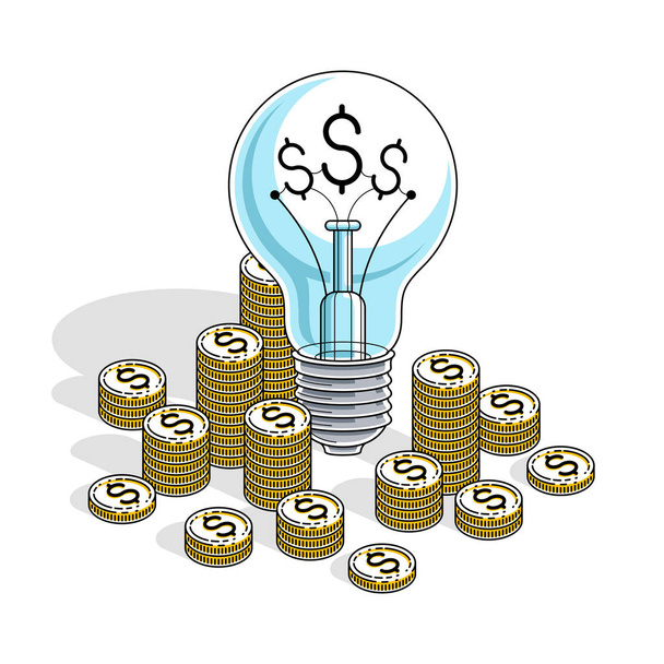 Business start up Idea concept, Light Bulb with cash money stack and coins piles. Isometric vector business and finance illustration, 3d thin line design. - Vektor, obrázek