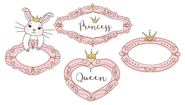Набір милих каракулі дзеркал. Принцеса векторний елемент дизайну. Рожеві рамки з короною, тіара. Намальовано ескіз руки. Дитяче фото. Шаблон дня народження запрошення. Дитячий душ дівчина картка. Декоративна рамка
 - Вектор, зображення