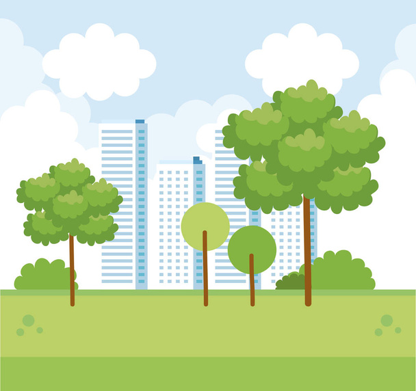 Cityscape met gebouw en bomen met natuur struiken - Vector, afbeelding