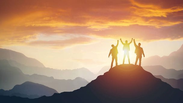 Group of peoples on mountains top in winner pose - Foto, Imagem