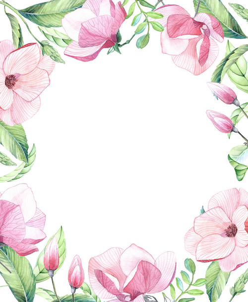 Ακουαρέλα floral διάταξη των μεγάλων λουλουδιών μανόλια, μπουμπούκια τροπικά φύλλα, πολύχρωμο ροζ πράσινο χρώμα, εξωτικά γαμήλια περίσταση σχεδιασμό, στολίδι κάθετο πλαίσιο  - Φωτογραφία, εικόνα