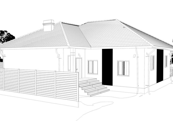 внешний вид загородного дома, коттедж, контурная визуализация, 3D иллюстрация, эскиз, контур
 - Фото, изображение