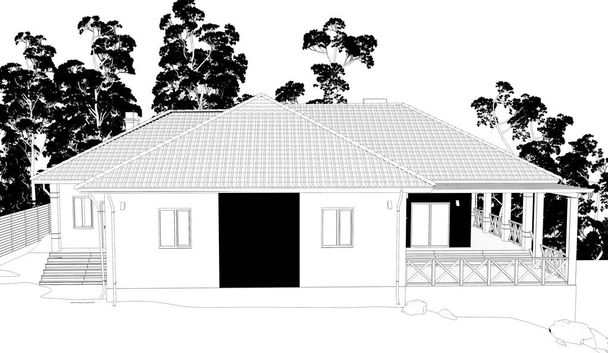 exterior de uma casa de campo, casa de campo, visualização de contorno, ilustração 3D, esboço, contorno
 - Foto, Imagem