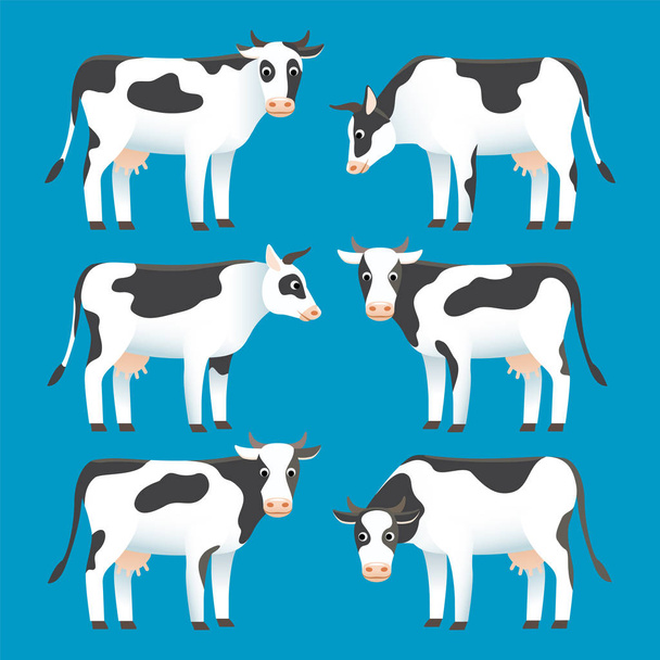 Mavi arka plan üzerinde izole sevimli siyah ve beyaz benekli inekler seti - Vektör, Görsel