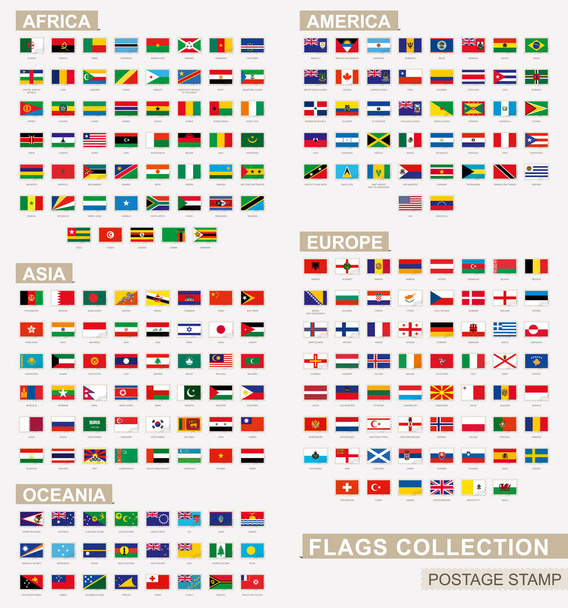 Timbro postale con bandiere del mondo. Set di 229 bandiere mondiali
. - Vettoriali, immagini