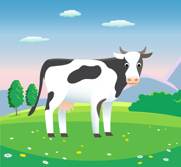 Krajobraz wiejski z krową na łące, ilustracja wektorowa dla produktów mlecznych - Wektor, obraz