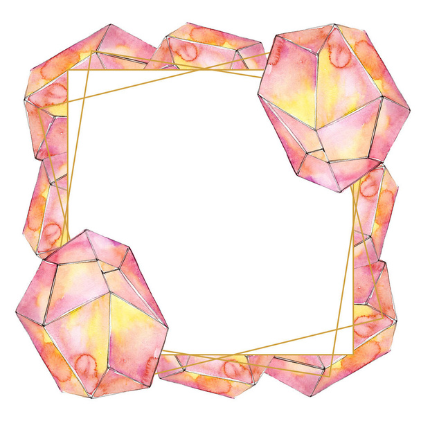 Colorful diamond rock jewelry minerals. Watercolor background illustration set. Frame border ornament square. - Photo, Image