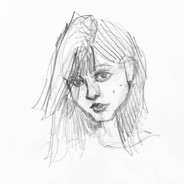sketch of head of ordinary freckled girl - Photo, Image