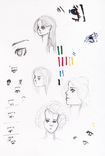 schetsen van meisje hoofden en ogen - Foto, afbeelding