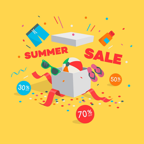 Special summer sale symbol with open gift, flying goods, discount labels and confetti, isolated on yellow background. Easy to use for your design with transparent shadows. - Vetor, Imagem
