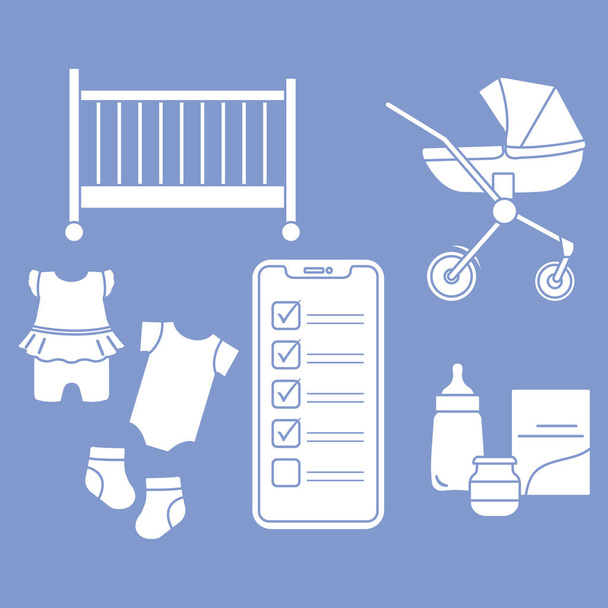 Смартфон з контрольним списком новонароджених дитячих аксесуарів
 - Вектор, зображення