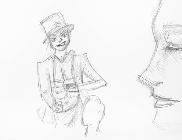 prohnaný iluzionista v horní ruce kloboučku nakreslený tužkou - Fotografie, Obrázek