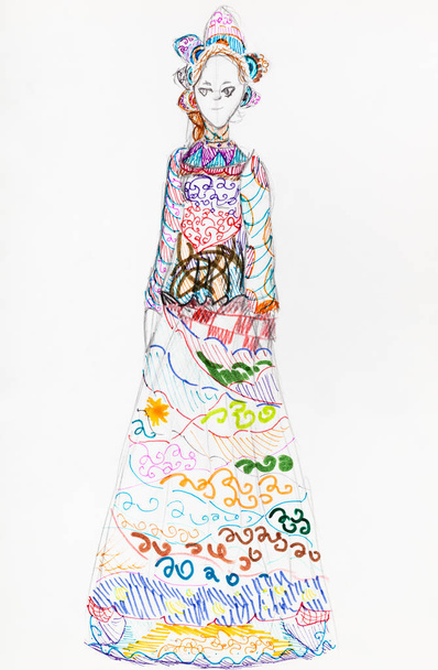 menina em mão vestido longo popular desenhado por canetas de feltro
 - Foto, Imagem