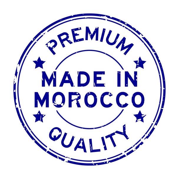 Grunge blauwe Premium kwaliteit gemaakt in Marokko ronde rubberzegel stempel op witte achtergrond - Vector, afbeelding