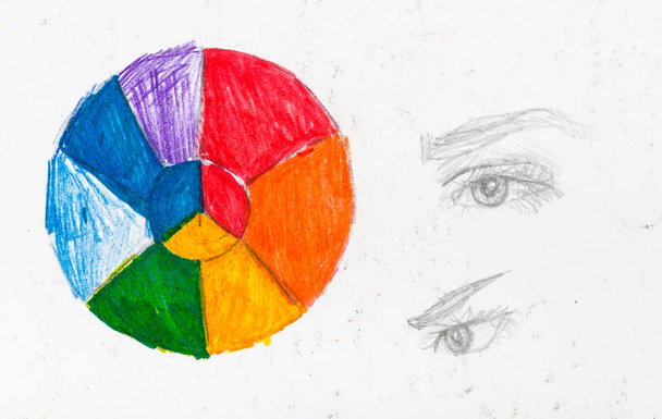 Τροχός χρωμάτων και σκίτσα από ανθρώπινα μάτια με μολύβια - Φωτογραφία, εικόνα