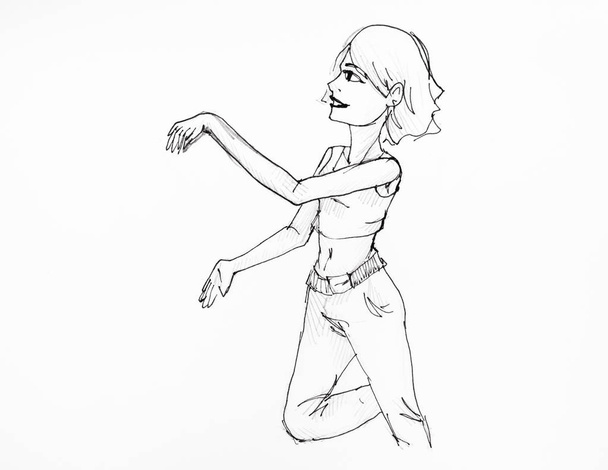 портрет танцующей девушки в джинсах и топе
 - Фото, изображение