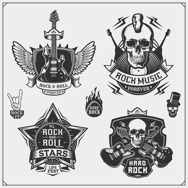 Rock'n'Roll music symbols, labels, logos and design elements. Print design for t-shirts. - Vektör, Görsel