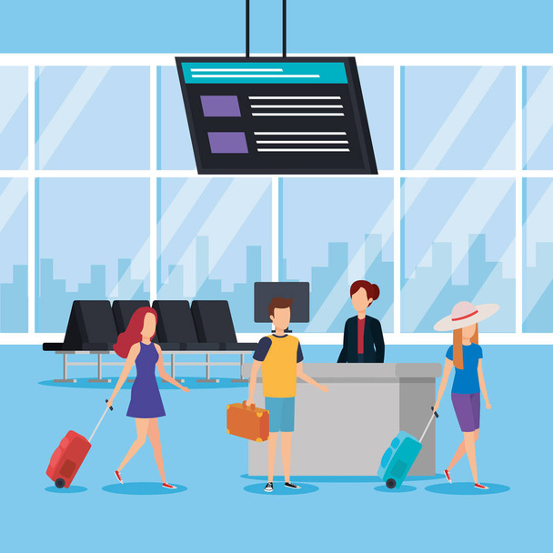 young people with suitcases in the airport - Vector, Image