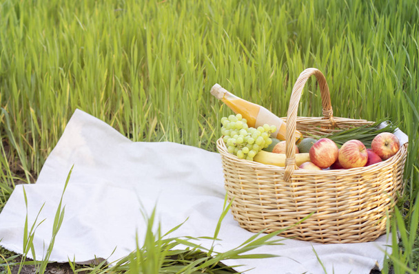 Piknik paju kori ruokaa ruohoa kentällä. Käsite terveellistä ruokaa, orgaanisia luonnollisia ja tuoreita tuotteita. Maanviljelijän kasvattama rakkaudella
 - Valokuva, kuva