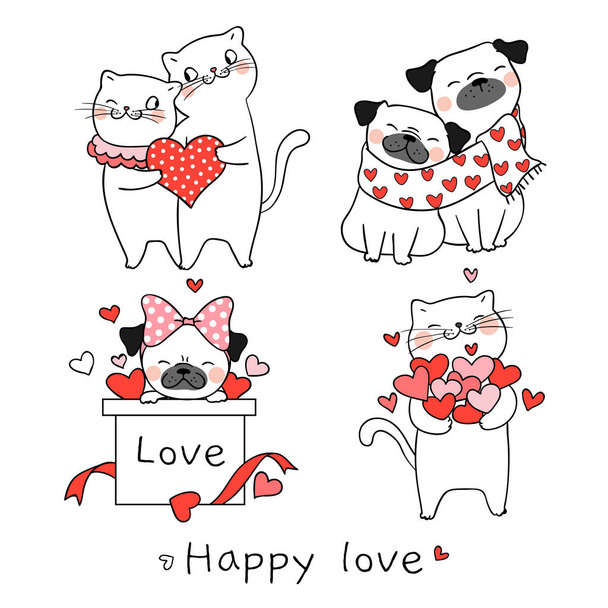 Рисуйте кота и собаку-мопса с маленьким сердцем для Валентины
 - Вектор,изображение