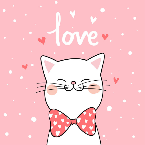 Draw vector illustration white cat with pink background and word love for valentine day. - Vektör, Görsel