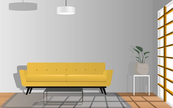 žlutá pohovka se stolem v obývacím pokoji - Vektor, obrázek