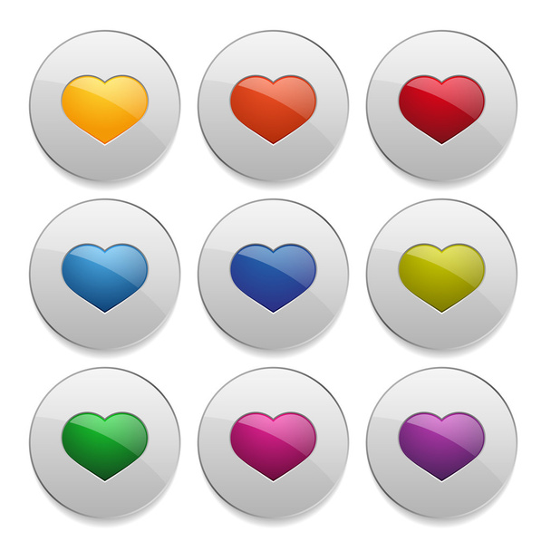 Glossy grey buttons with colorful hearts - Vettoriali, immagini