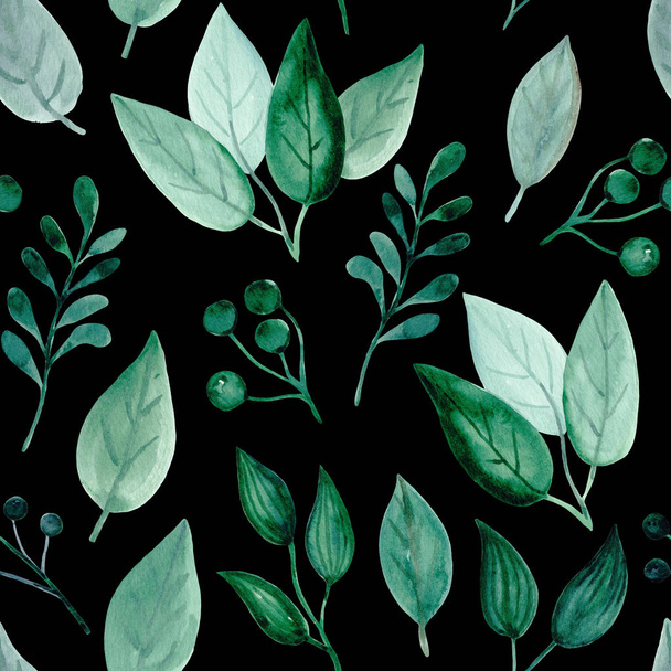 Fresh seamless pattern with watercolor green leave on a black background. Isolated.  - Photo, Image