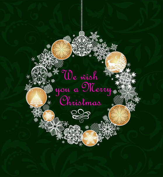 Carte de vœux de Noël avec couronne de Noël artisanale suspendue avec boules d'or et papier découpé flocons de neige
 - Vecteur, image