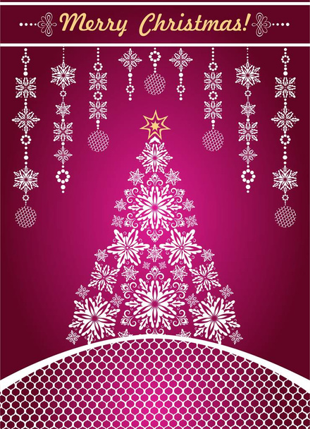 手作りの紙の雪片と紙の切断装飾とクリスマスの木をぶら下げ、美しいクリスマスクラフト紫色のグリーティングカード - ベクター画像