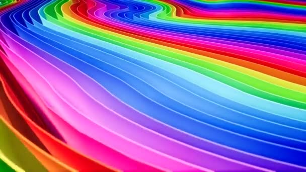 3D-Animation von Reihen und Reihen bunter Streifen in einem Regenbogen in einer kreisförmigen Formation, die wogt. - Filmmaterial, Video