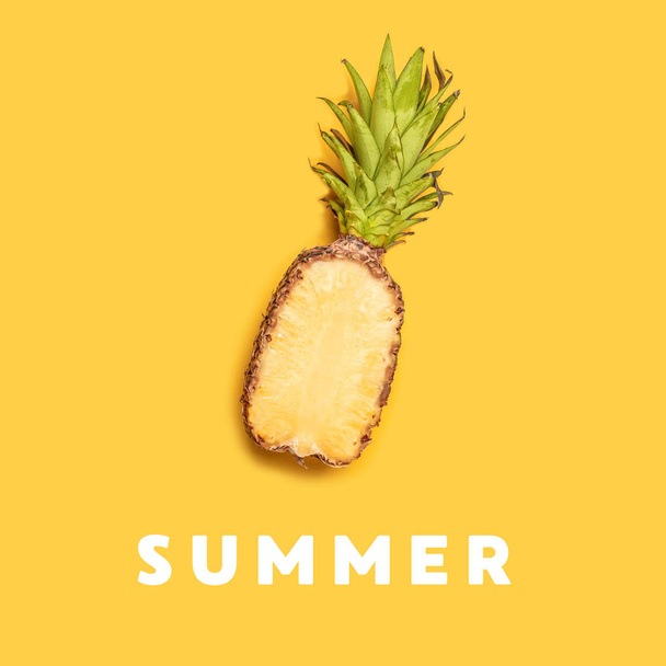 Summer fruit pineapple on yellow background - Фото, изображение