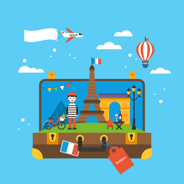 Viaje a París, Francia concepto con iconos emblemáticos dentro de suitc
 - Vector, imagen