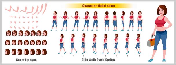 Gym  Girl Character Model sheet with Walk cycle Animation Sequence - Vector, Image