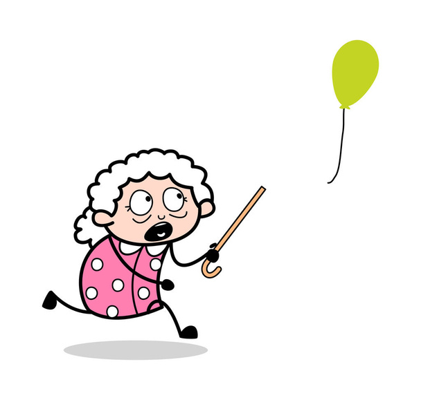 Laufen, um den Ballon zu fangen - alte Frau Cartoon Oma Vektor i - Vektor, Bild