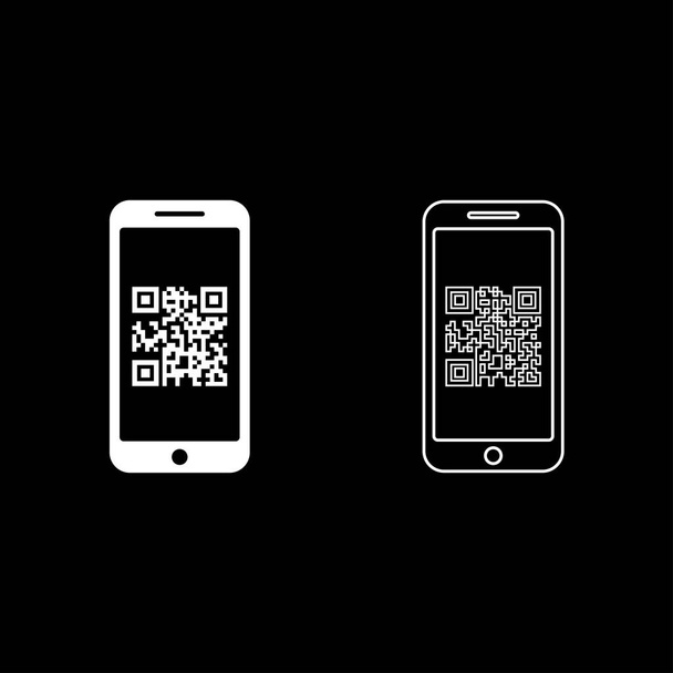 Smartphone with QR code on screen icon outline set white color vector illustration flat style image - Vector, Image