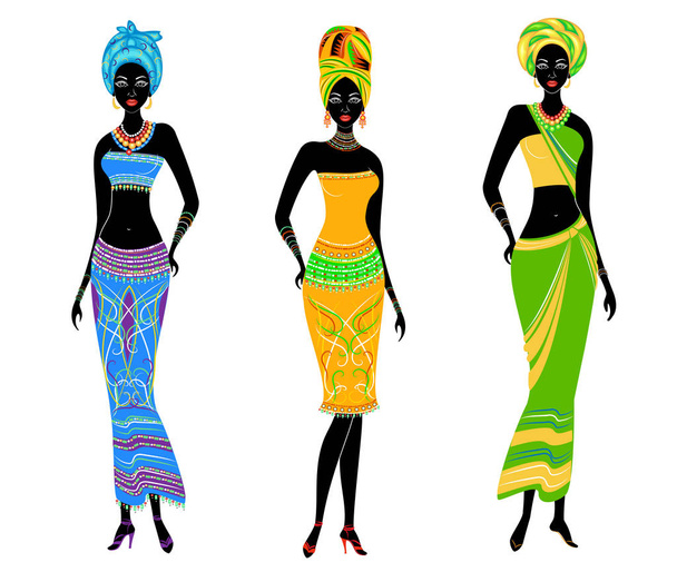Kokoelma kauniita afroamerikkalaisia naisia. Tytöillä on kirkkaat vaatteet, turbaani päässä. Naiset ovat nuoria ja hoikkia. Vektorikuvasarja
 - Vektori, kuva