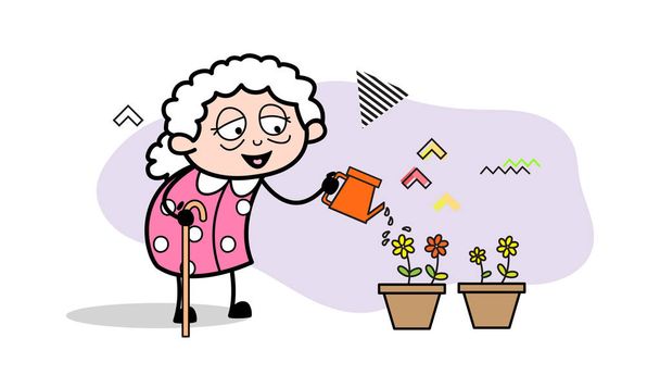 Γιαγιά πότισμα φυτά-γριά γυναίκα κινούμενα σχέδια γιαγιά διάνυσμα οφθαλμαπάτη - Διάνυσμα, εικόνα