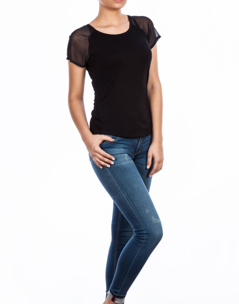 Female fashion, young woman with black blouse and jean - photo on white background - Foto, imagen