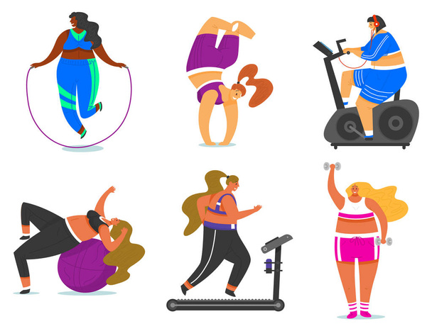 Fitness girls Plus Size. Health sport in club. Set of Fat Woman doing exercises, loses weight, running on the simulator, warming up. Training pose in yoga classes, Cute female or Full Body characters. - Vecteur, image