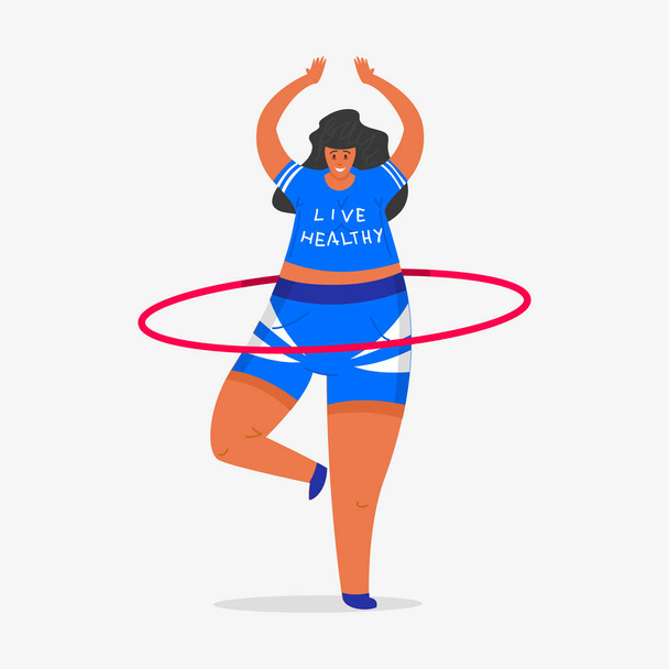 Hula hoop for fitness. Girl Plus Size. Health sport in club. Fat Woman doing exercises, weight loss, warming up. Strength training in the gym. Cute female. - Vector, Image