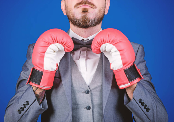 Attack and defense concept. Achieve success. Tactics proven to work. Criminal defense lawyer planning out strategies. Businessman wear boxing gloves. Best criminal defense lawyer strategies - Photo, image