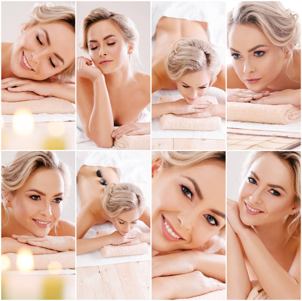 Traditional massage and healthcare treatment in spa. Young, beautiful and healthy girls having recreation therapy. Collage collection. - Fotografie, Obrázek