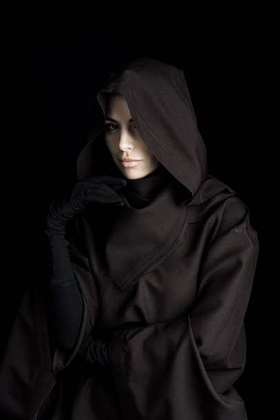 pensive woman in death costume looking at camera isolated on black - Φωτογραφία, εικόνα